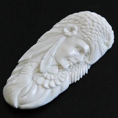 HANDCARVED INDIAN CHIEF IN EAGLE HEADDRESS BOVINE BONE BEAD CAB 