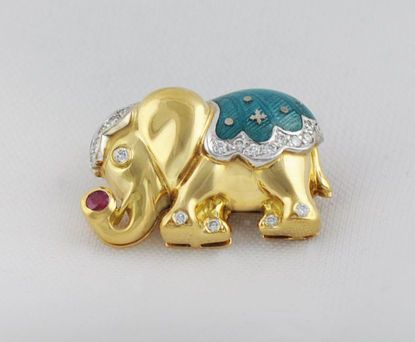 Faberge Elephant Ruby Diamond 18k Gold Enamel Brooch with original box