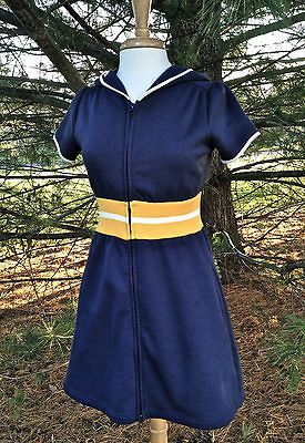 FREE PEOPLE NAVY BLUE FLEECE FULL ZIP HOODED DRESS YELLOW WHITE JACKET 