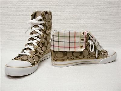 NIB COACH BONNEY KHAKI IVORY MULT JACQUARD & TATTERSALL TENNIS SHOES 