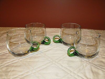 Vtg. 4 Hand Blown Green Handle 6oz Punch/ Juice/ Cordial Glass Cups