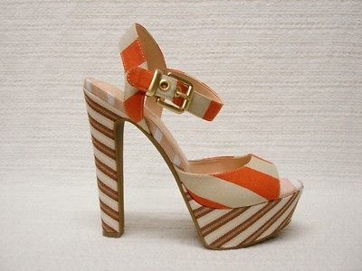 NIB JESSICA SIMPSON PAPAYA ORANGE STRIPED BUCKLE PLATFORM SANDALS 