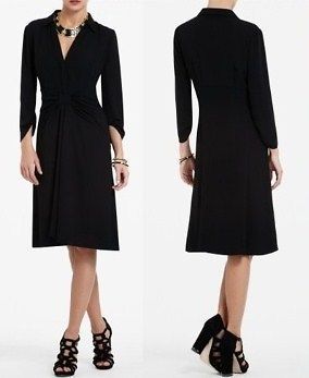   MAXAZRIA BLACK TAZAR BOW DRAPED SKIRT CREPE CAREER SHIRT DRESS 4 $218