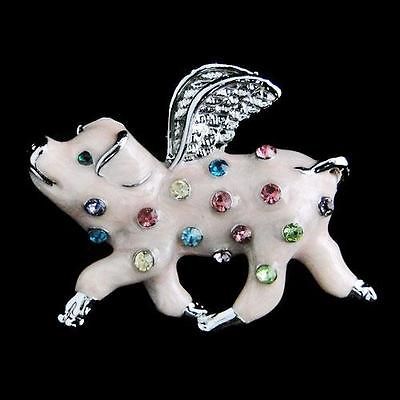 When Pigs Fly Piggy Pin Brooch Multi Rhinestone Crystal Enamel Pink