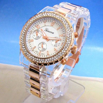 CLEAR ROSE/GOLD GENEVA ACRYLIC BAND CRYSTAL BEZEL OVERSIZED WOMENS 