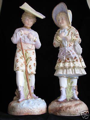 PAIR BISQUE PORCELAIN FIGURINES BOY GIRL FIGURES RUDOLSTADT GERMANY 