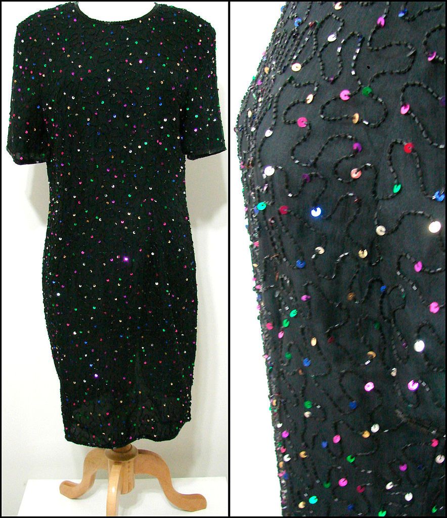 Vintage Stenay 100% Silk Black Bead Keyhole Back Rainbow Sequin Trim 