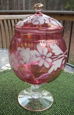 VTG CRANBERRY COMPOTE BY LOUIE GLASS & PAINTED BY RAINBOW ART CO 