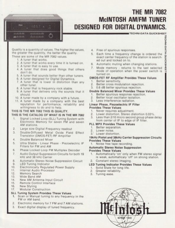 mcintosh mr 7082 am fm tuner technical data sheet brochure