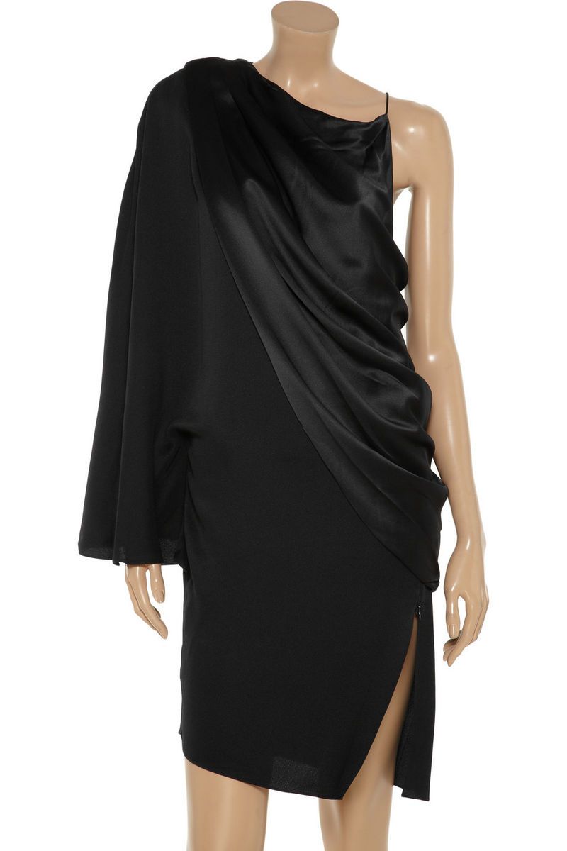 Alexander Wang Silk Satin Crepe One Shoulder Sleeve Cape Draped Dress 