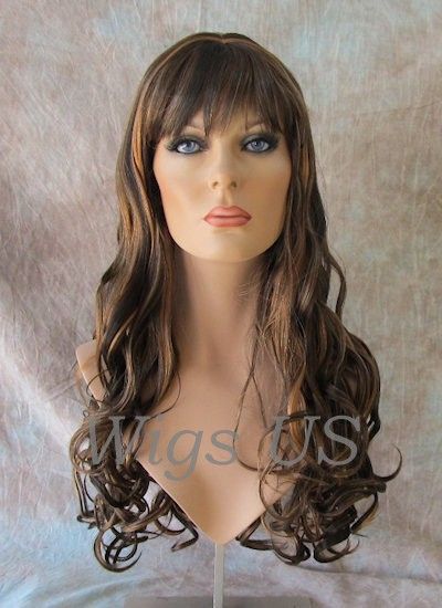 WIGS Medium Brown w/ Ginger Chunky Hi lites Extra Long Curls Skin Part 