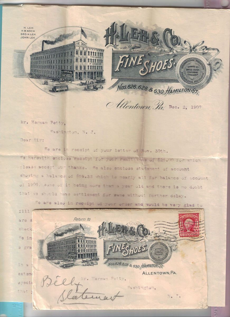 Letterhead H Leh Co Fine Shoes Allentown Pennsylvania Illustrated 