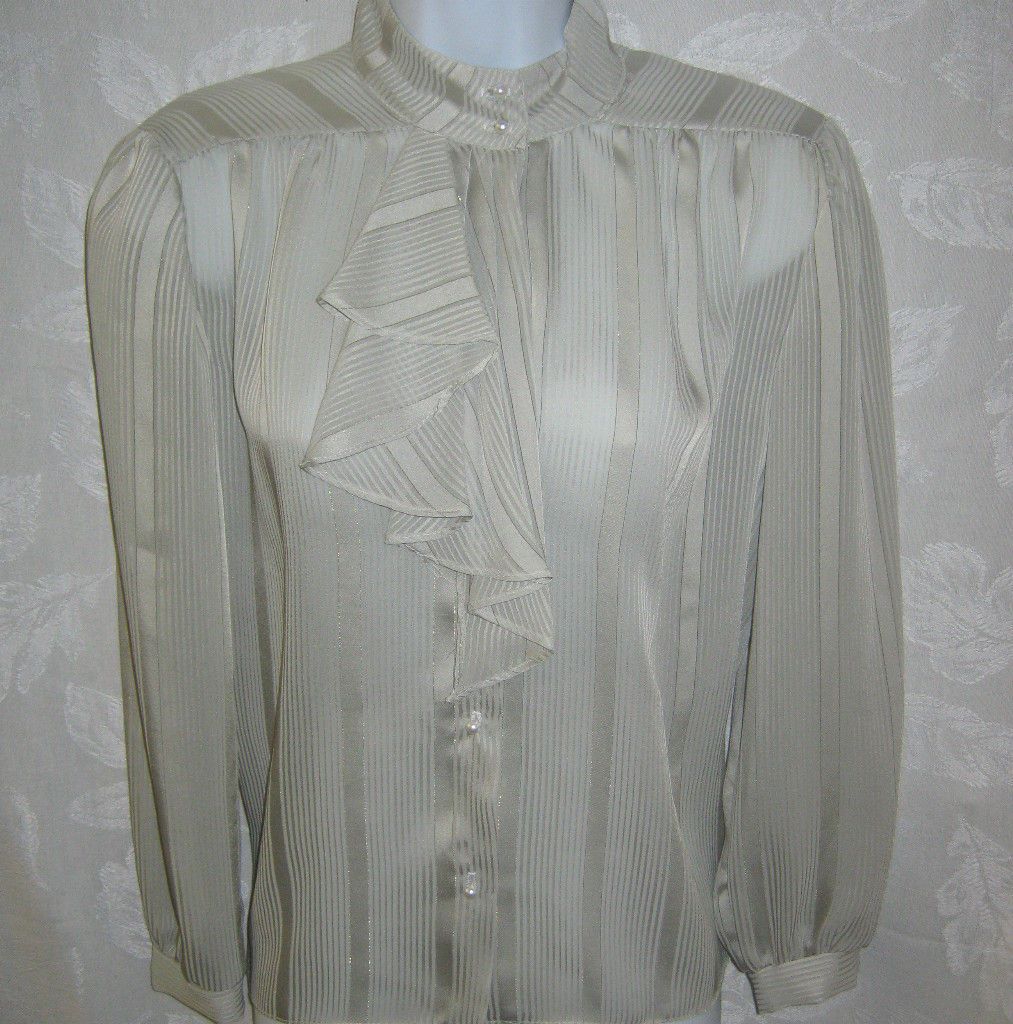 VTG 70s Striped Sheer Pale Green Blouse Size Small Ascot Secretary 