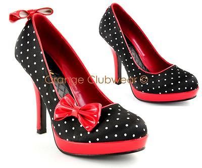 PINUP Womens Sexy Polka Dot Satin Clip On Bow High Heels Rockabilly 