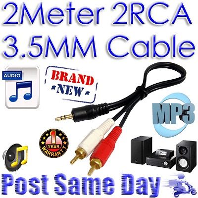   Dual 2x RCA Stereo Jack Plug Male Phono Audio AUX Cable 2 Meter Gold