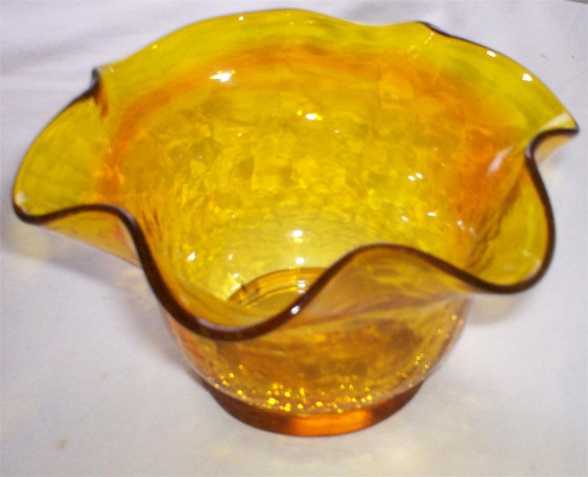 VINTAGE BLENKO BOWL CRACKLE GLASS JONQUIL YELLOW W/ TANGERINE RUFFLED 