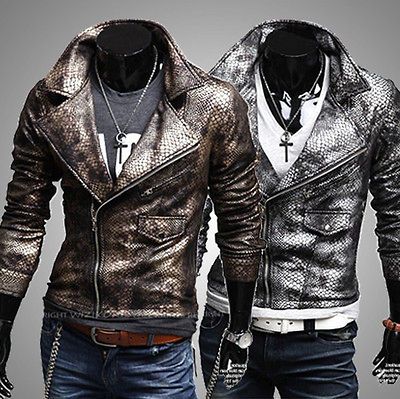 HOTMens Korean Stylish Casual Slim Fit Alligator PU Leather Coat 