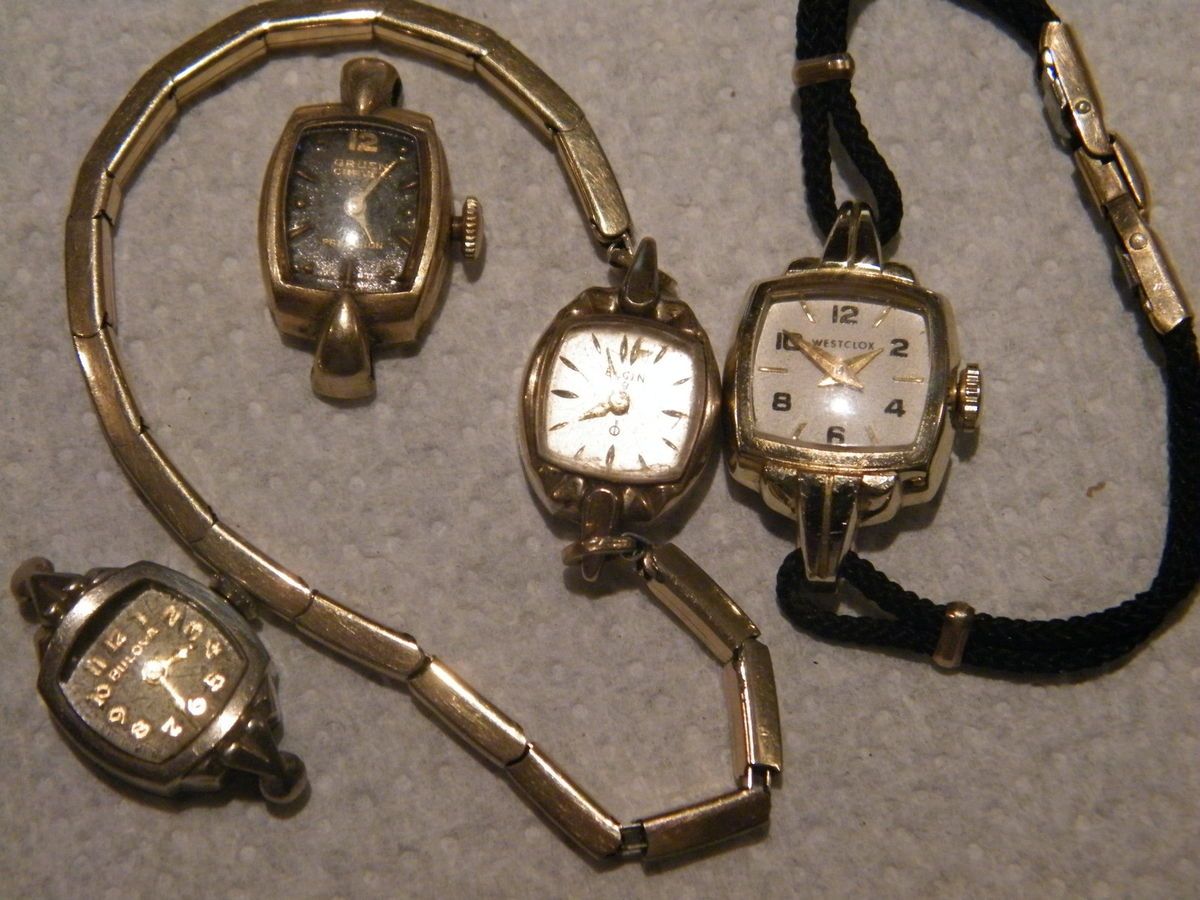 Four 4 Vintage Ladies Watches Gruen Bulova Elgin 19 Wesclox Germany 