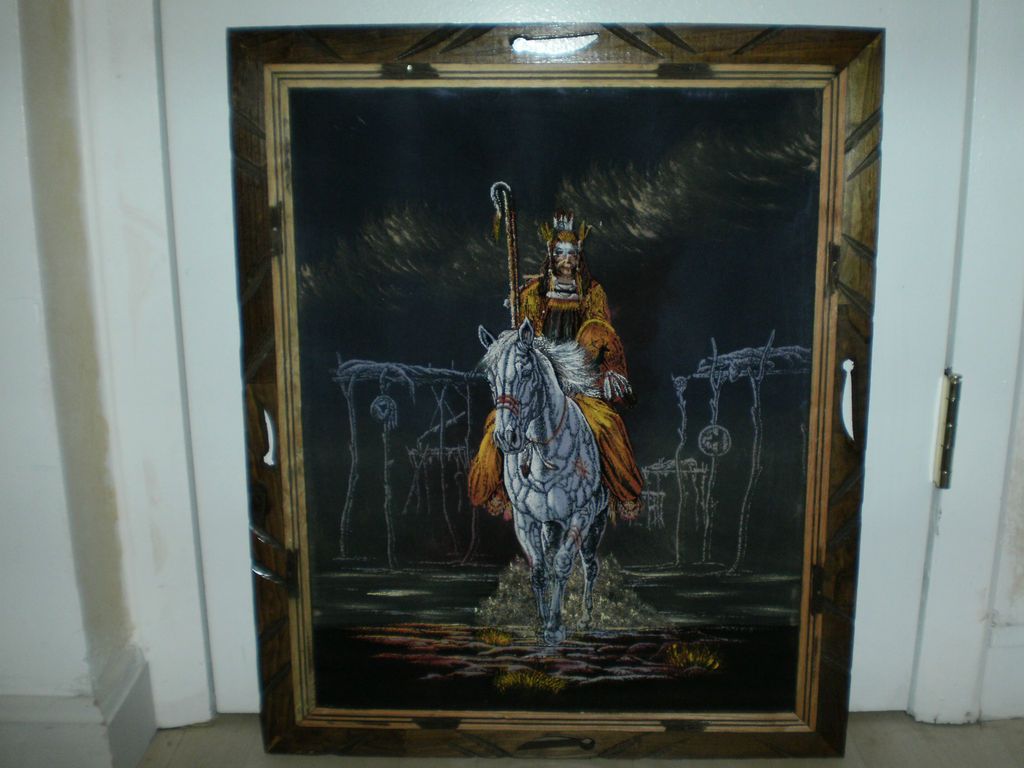   Framed Black Velvet Painting Native American Indian on Horse Unsigned