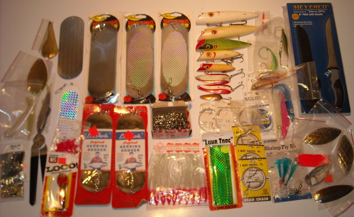 Large lot salmon gear dodgers plugs leaders spoons lures flies knife 