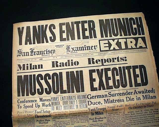 Benito Mussolini Execution World War II 1945 Newspaper