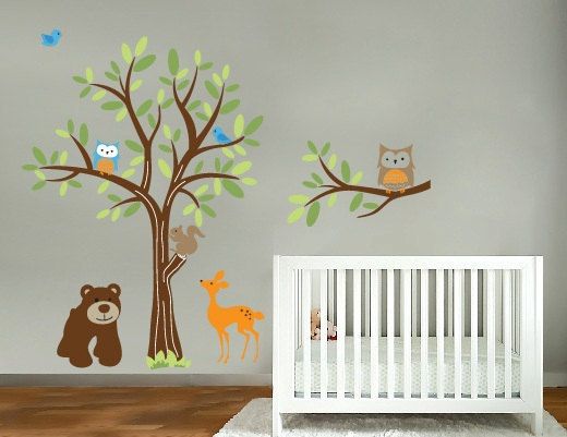   Tree vinyl wall decal with bear owls birds deer and a tree branch set