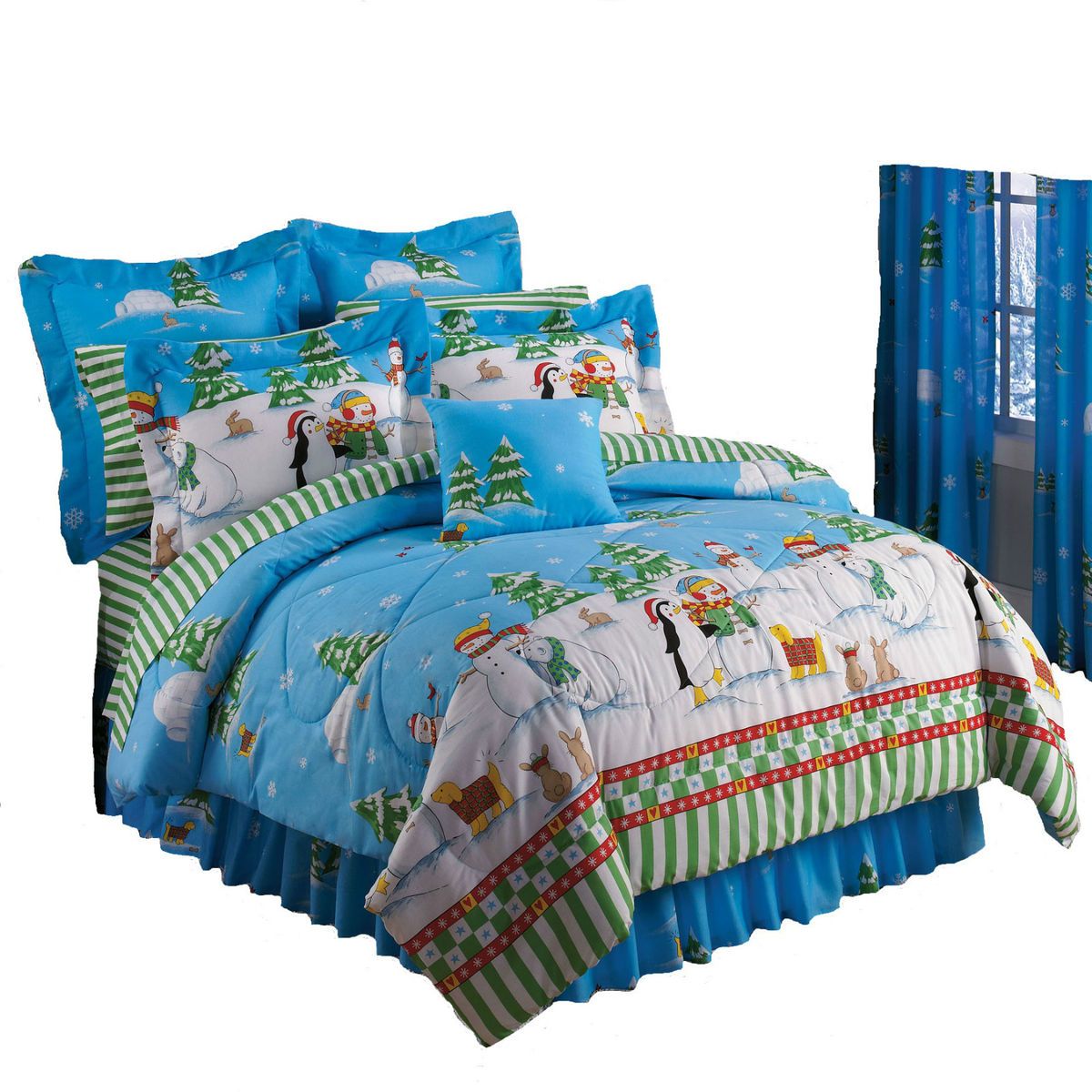   Winter Blue Snowflake Pine Tree Penguin Bed in A Bag Set
