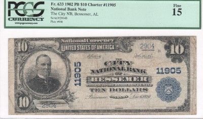   Currency 1902PB FR633 CH11905 City NB Bessemer Alabama PCGS F15