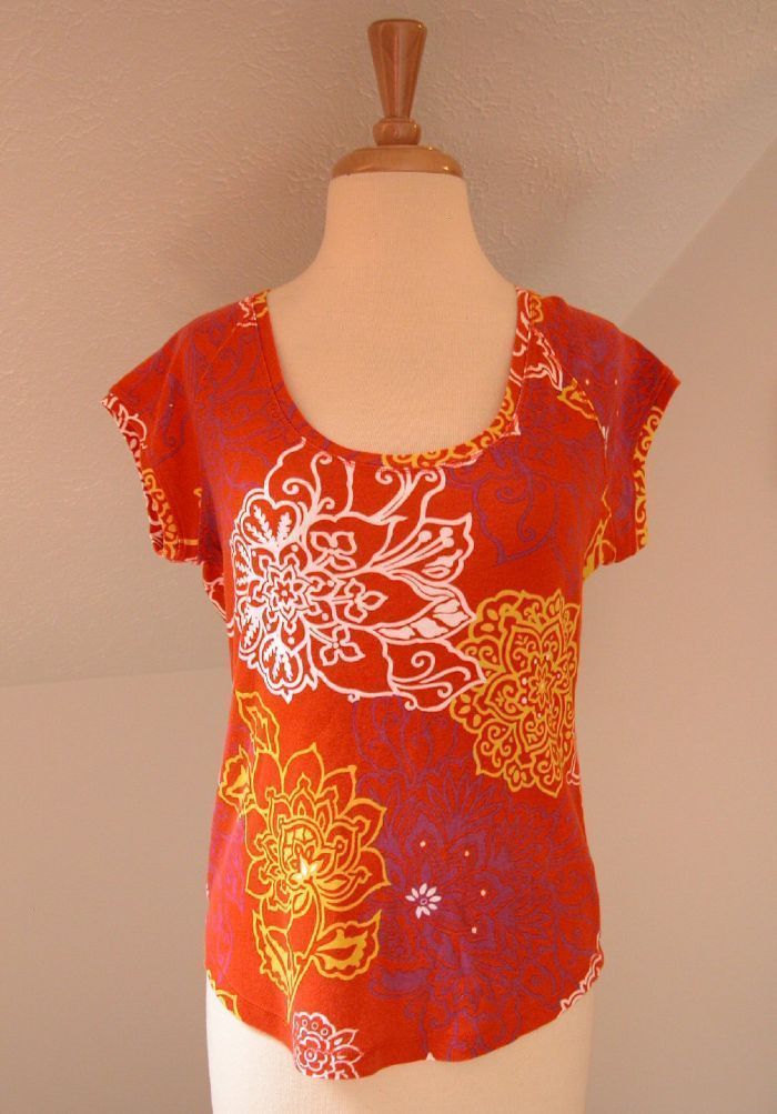 TALBOTS Orange Yellow TROPICAL Floral Knit Cap Sleeve 100% COTTON T 