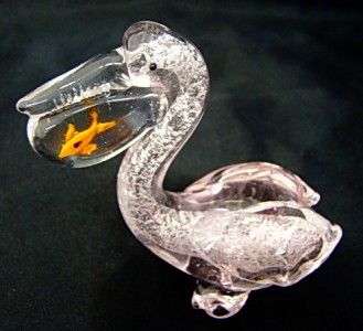 New Hand Blown Glass Pink Pelican Figurine with an Orange Fish Beak