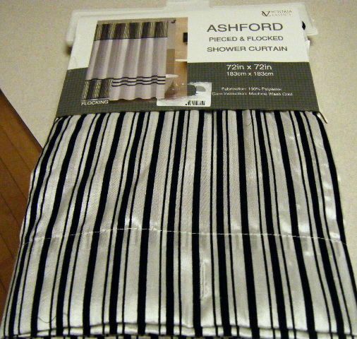 Black White Shower Curtain w Stripes Border Flocked Velvet New