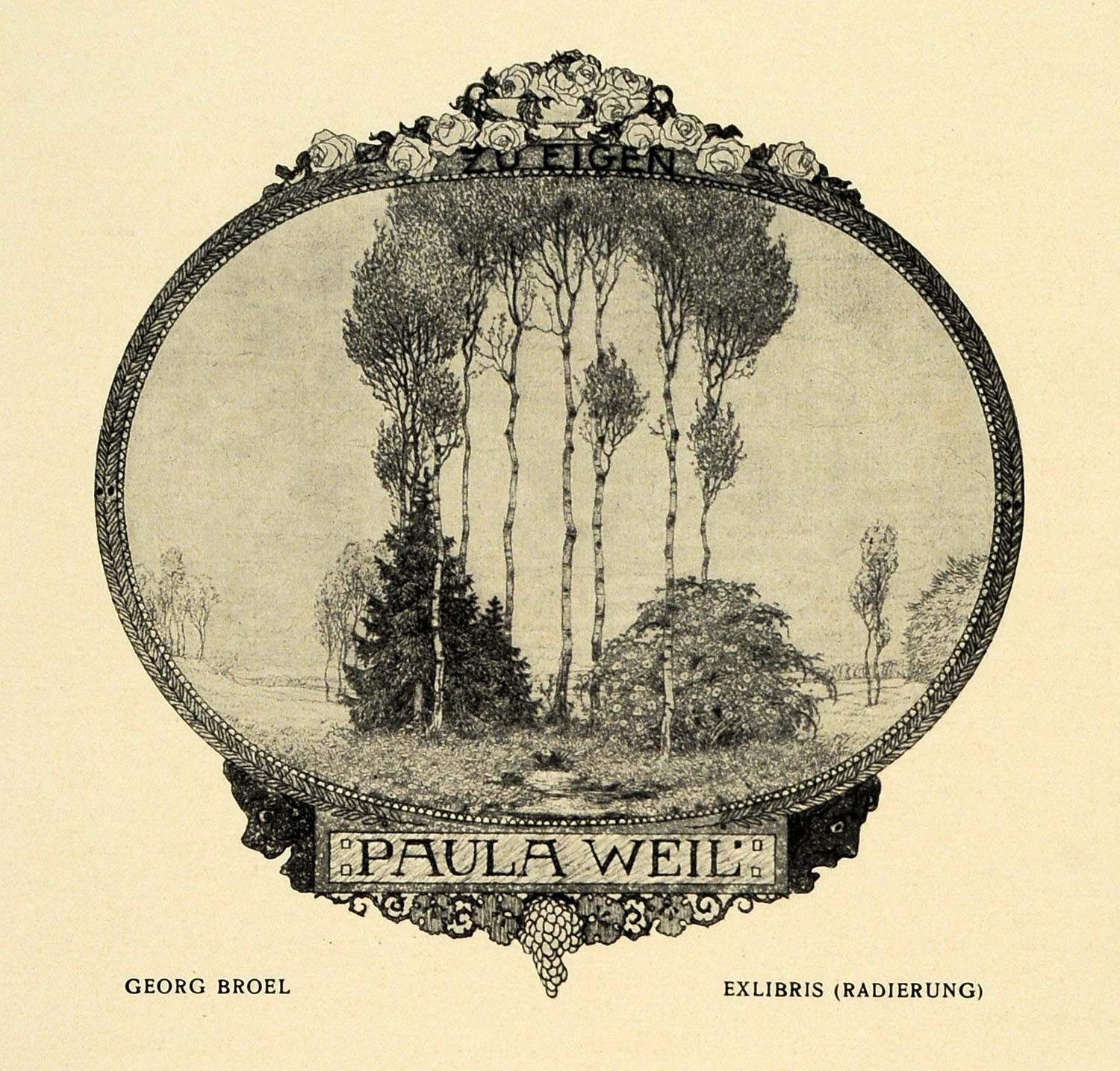   Georg Broel Exlibris Nameplate Paula Weil Birch Tree River