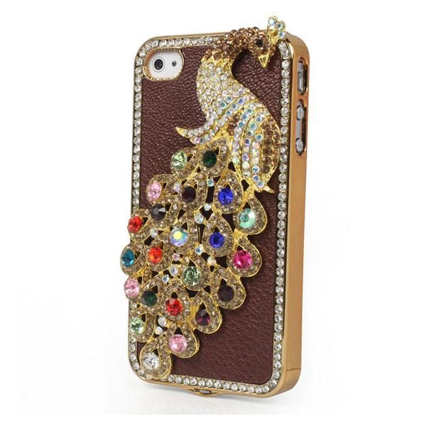 Leather Peacock Diamond Rainstone Bling Case Cover Skin for iPhone 4 
