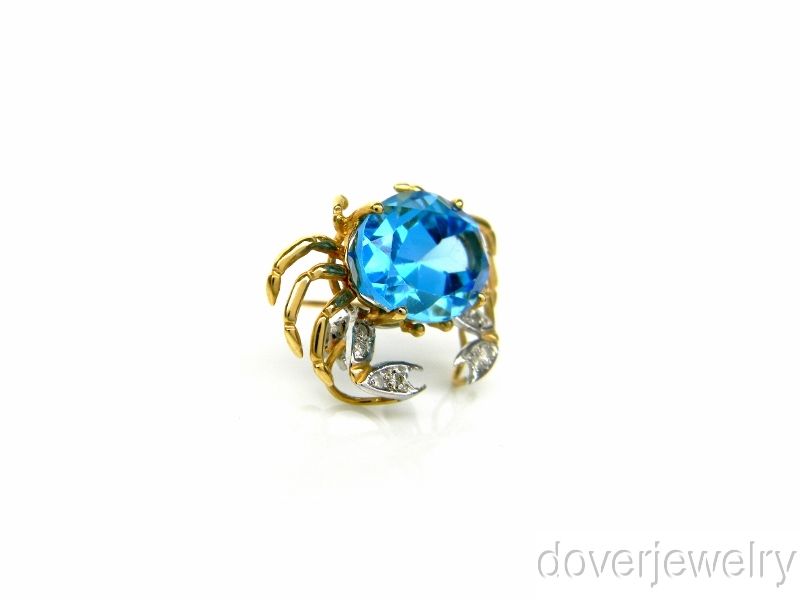 Estate 8.04ct Diamond Blue Topaz 14K Gold Crab Pin Brooch NR