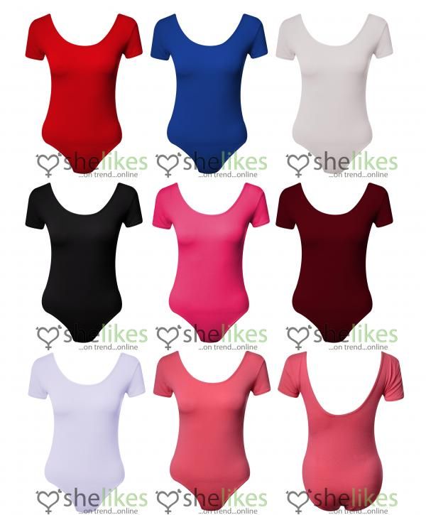 Womens Short Sleeve Bodysuit Ladies Stretch Bodysuit Leotard Body Top 