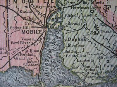 Original 1901 Map Alabama Mobile Talladega Huntsville Birmingham 