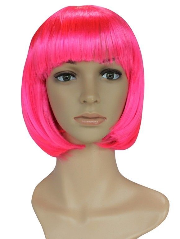    Straight Bob Style Wig Hot Pink Cosplay Party Synthetic Hair Wigs