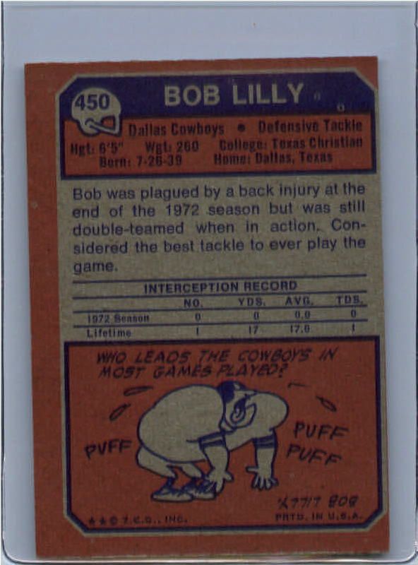 1973 Topps FB 450 Bob Lilly Cowboys Starsfb 1026