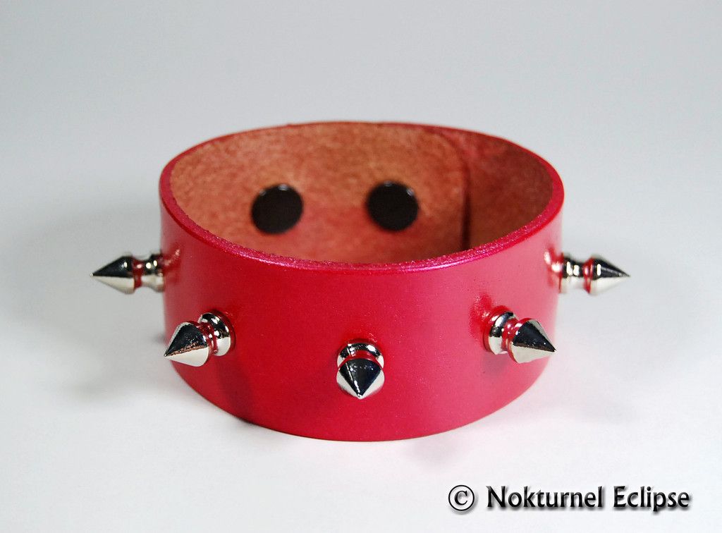 Metallic Red Spiked Leather Wristband Bracelet Metal