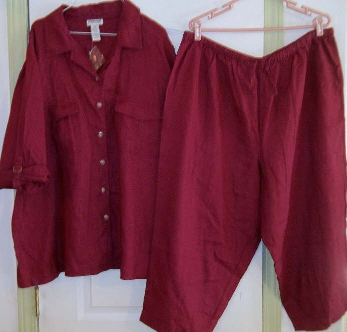 Bridgewater Studio BERRY RED 100 LINEN Jacket CROP Pants SUIT SET 26W 