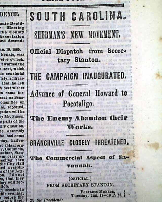   SHERMANS Special Field Order # 15 Branchville SC Civil War 1865 News