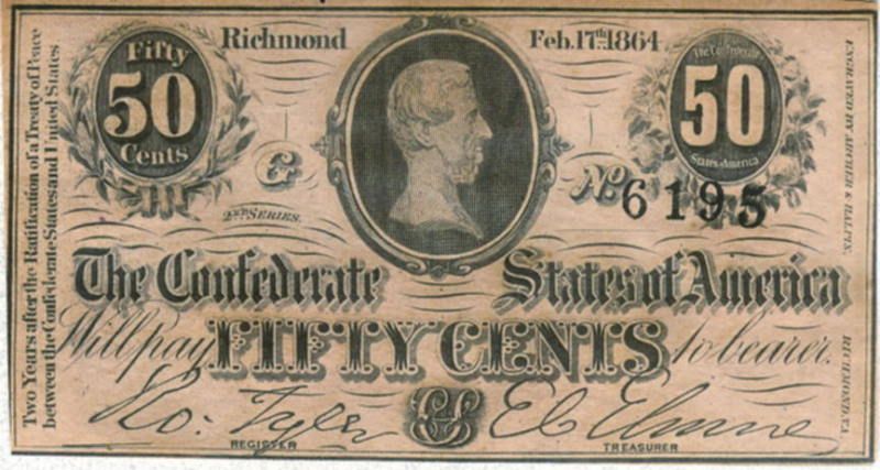 1864 Confederate States Civil War 50 Cent Note Jefferson Davis Crisp 
