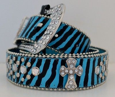 Zebra Stripe Cowgirl Style Aqua Blue Cross Rhinestone Crystal Western 