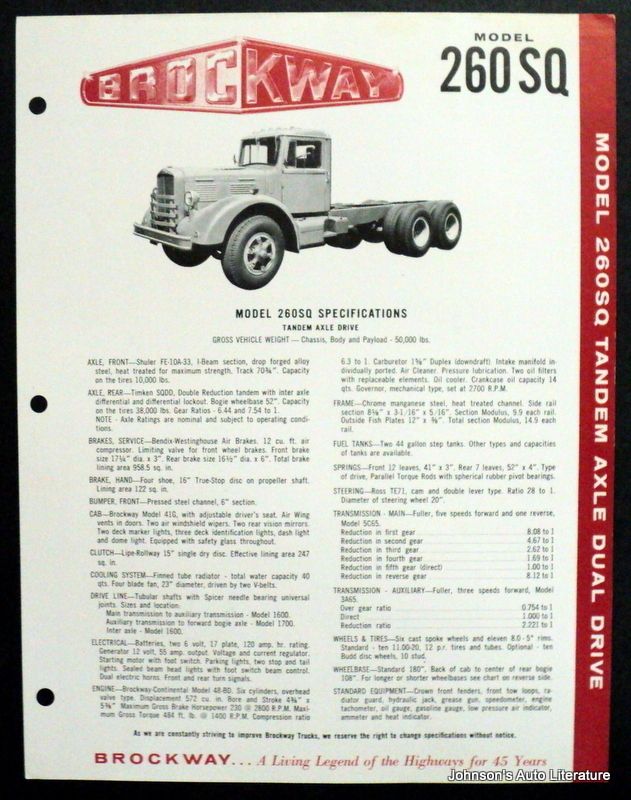 Brockway 1957 Model 260SQ Tandem Axle Drive Truck Brochure