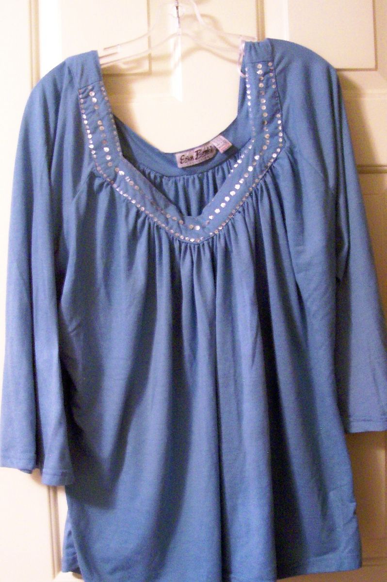 Erica Brooke Womens Blue Top w Sequined Neckline Size 36