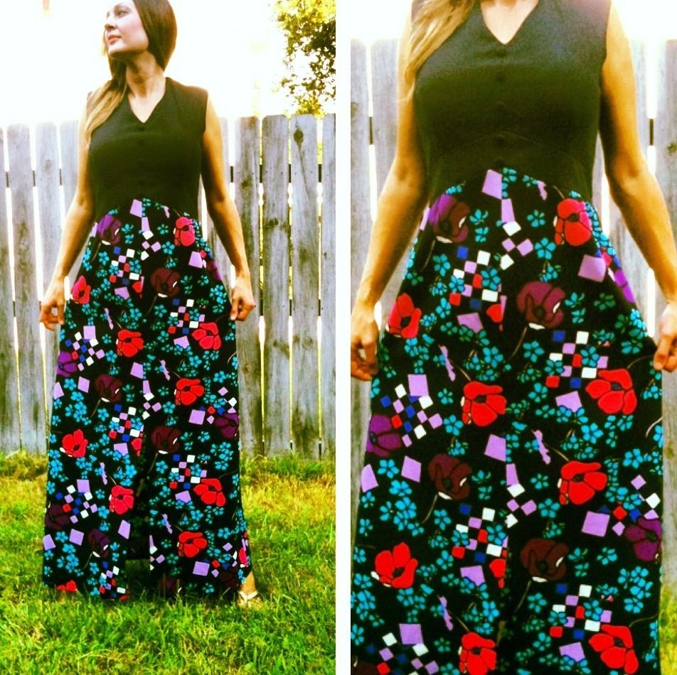 Vintage 60s 70s Dress Maxi With Front Slit MOD Hipster Boho Hippie