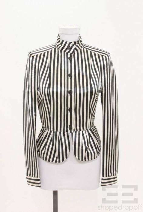 Burberry Prorsum Navy Ivory Cotton Silk Satin Striped Peplum Jacket 
