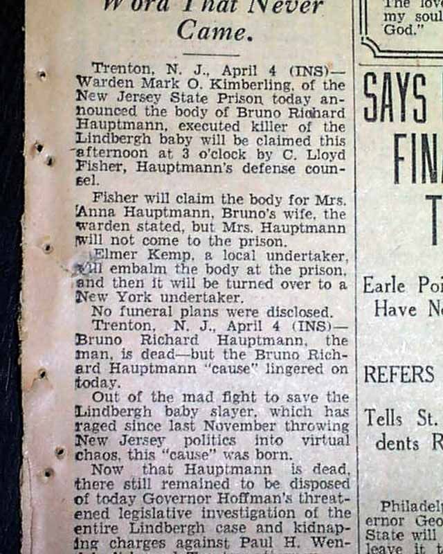   Charles Lindbergh Baby Kidnapping Bruno Hauptmann Execution 1st