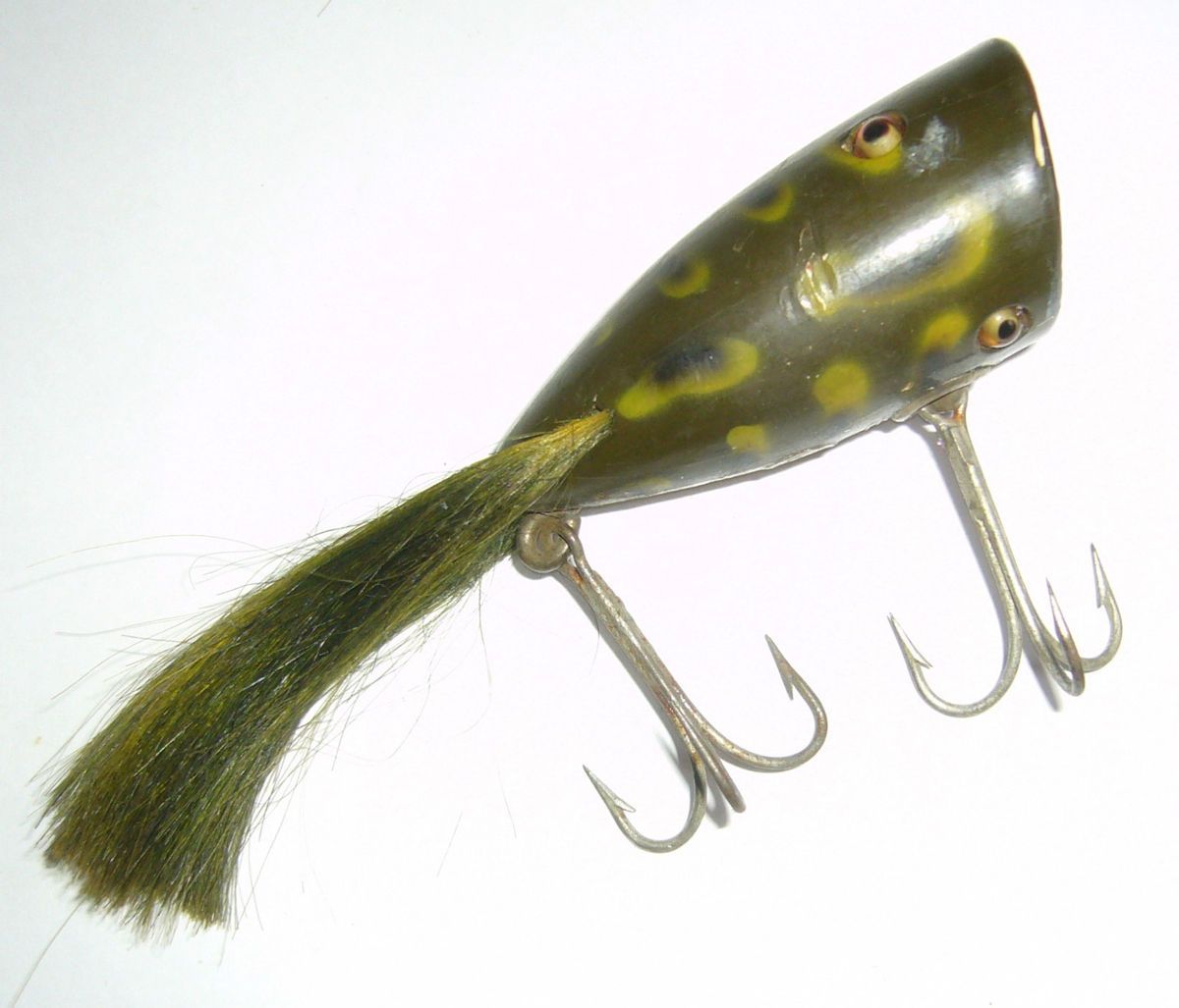   CREEK CHUB BAIT. CO. WOOD PLUNKER FROG WITH GLASS EYES & BRUSH TAIL