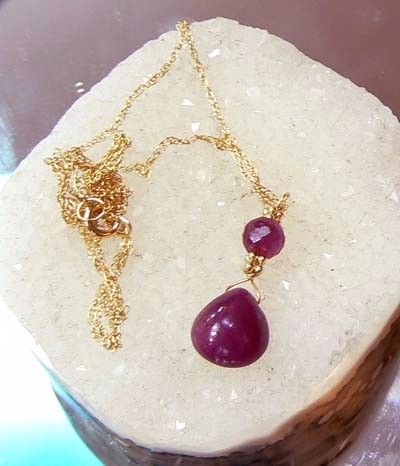 Genuine Natural Untreated Burmese Ruby Briolette 14k Gold Pendant 